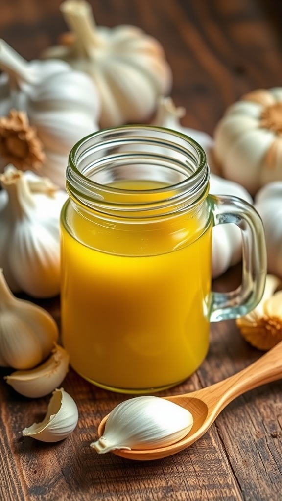 A jar of homemade garlic juice with garlic bulbs and cloves on a wooden table.